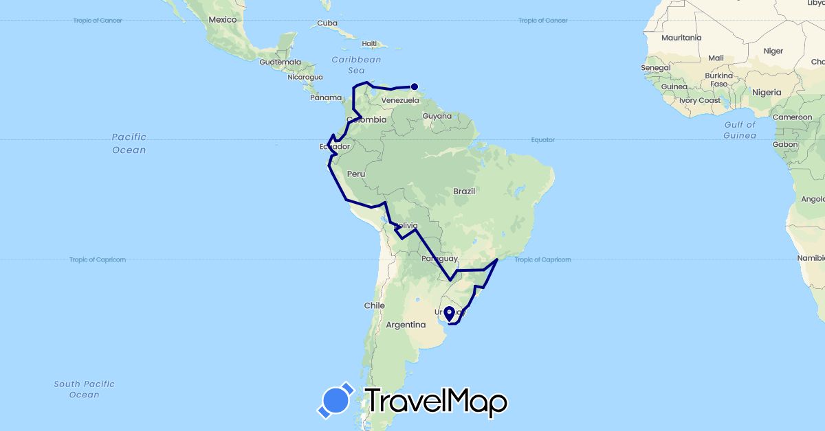 TravelMap itinerary: driving in Argentina, Bolivia, Brazil, Colombia, Ecuador, Peru, Paraguay, Uruguay, Venezuela (South America)